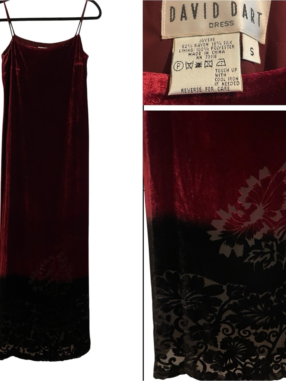 Y2K Velvet Slip Dress Deep Red Black Floral Burnout Whimsigoth Rayon Silk Blend